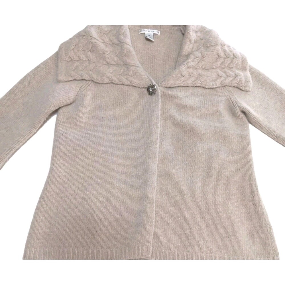 Sara Spencer XL Beige Lambswool Angora Cardigan Sweater Single Jewel Snap